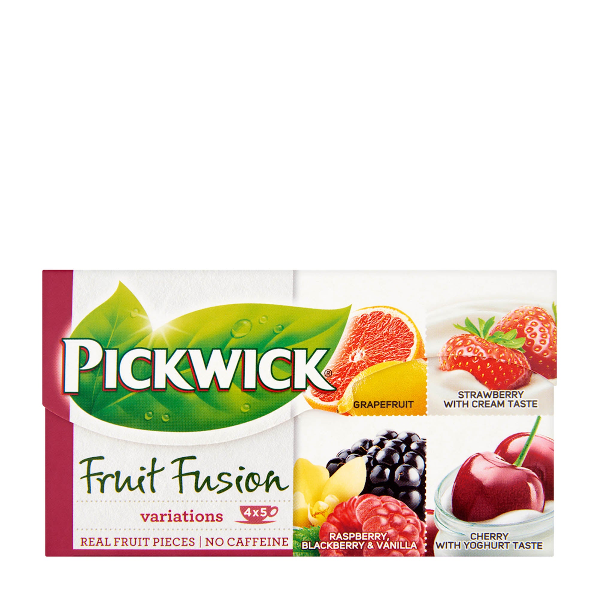 Box of Pickwick Fruit Fusion Variations Red tea bags with images of various fruits such as strawberries, raspberries, citrus, and cherries.