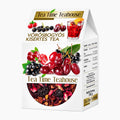 Tea Time Teahouse Berry Temptation fruit tea, showing the front and side panels with illustrations of red and black berries, a glass of the red tea, and dried berries ingredients.