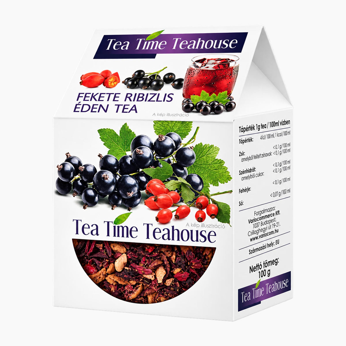 A 100g triangular cardboard box of Tea Time Teahouse Blackcurrant Eden Fruit Tea, featuring illustrations of blackcurrants, red berries, and a glass of iced tea, with product details printed on the side.