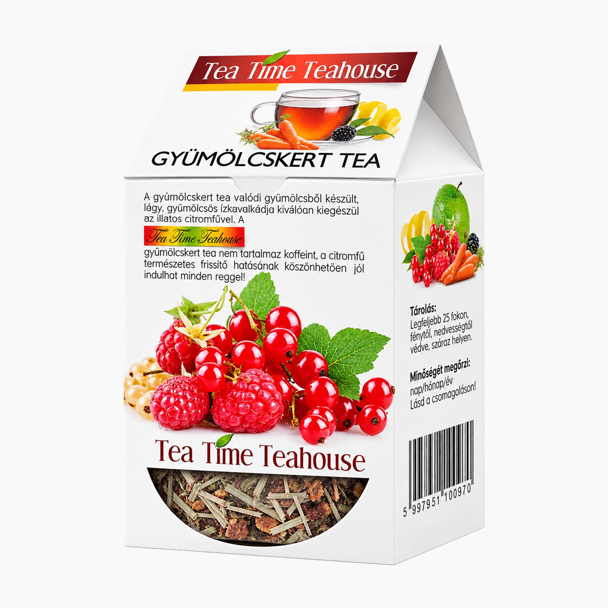 A white tea box of Tea Time Teahouse Fruit Garden fruit tea. The packaging is shown on a plain white background.