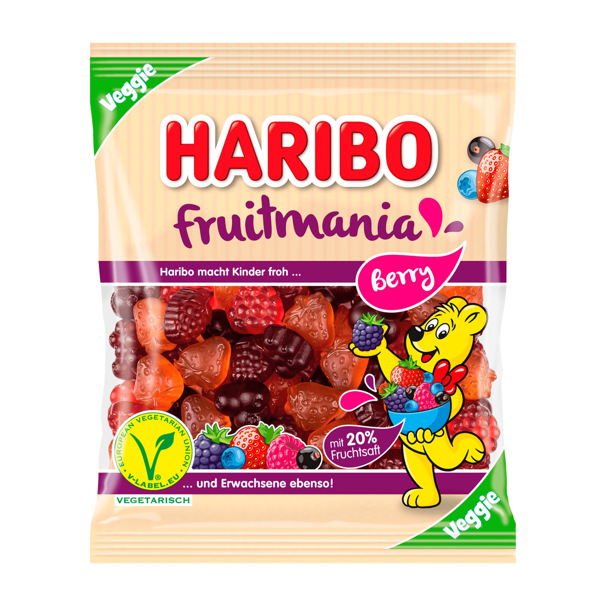 A package of Haribo Fruitmania Berry Fruit Gummy, featuring various berry-colored gummy candies and the Haribo logo with a cartoon bear.