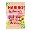 Haribo Fruitmania Yogurt fruit gummy packaging on a white background.