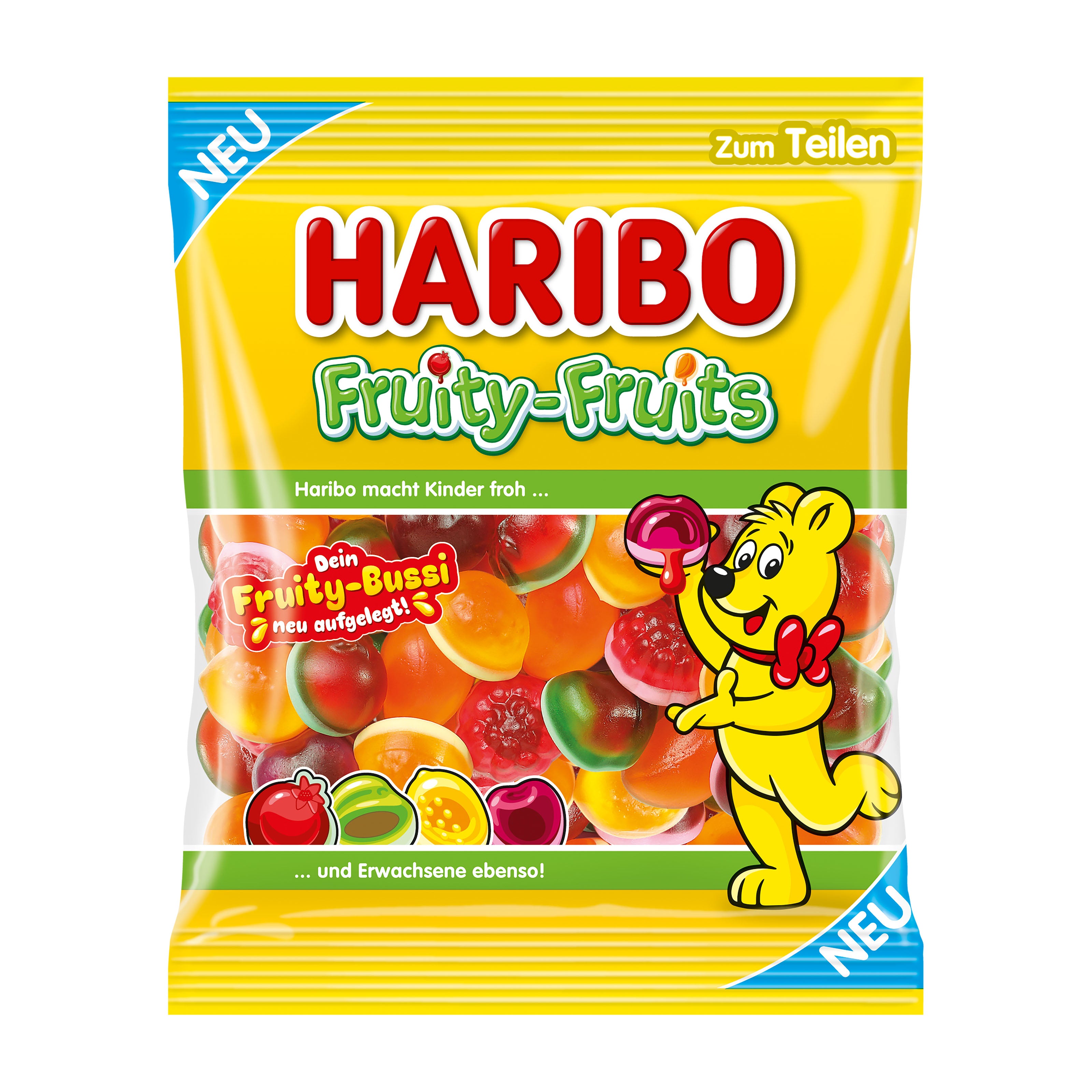 Haribo Fruity-Fruits gummy candy package with a cartoon bear character on a white background