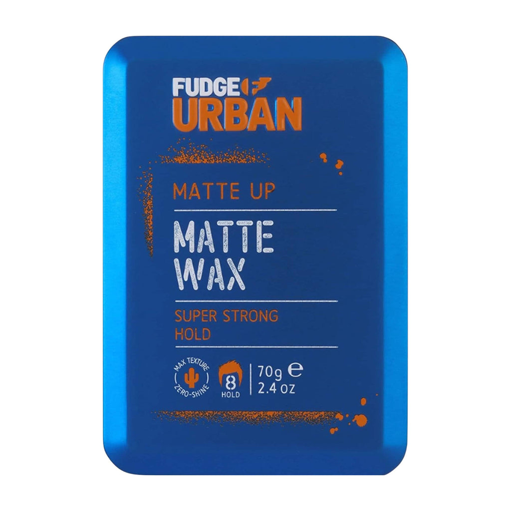 Blue packaging of Fudge Urban Matte Up Super Strong Hold Matte Wax on a white background