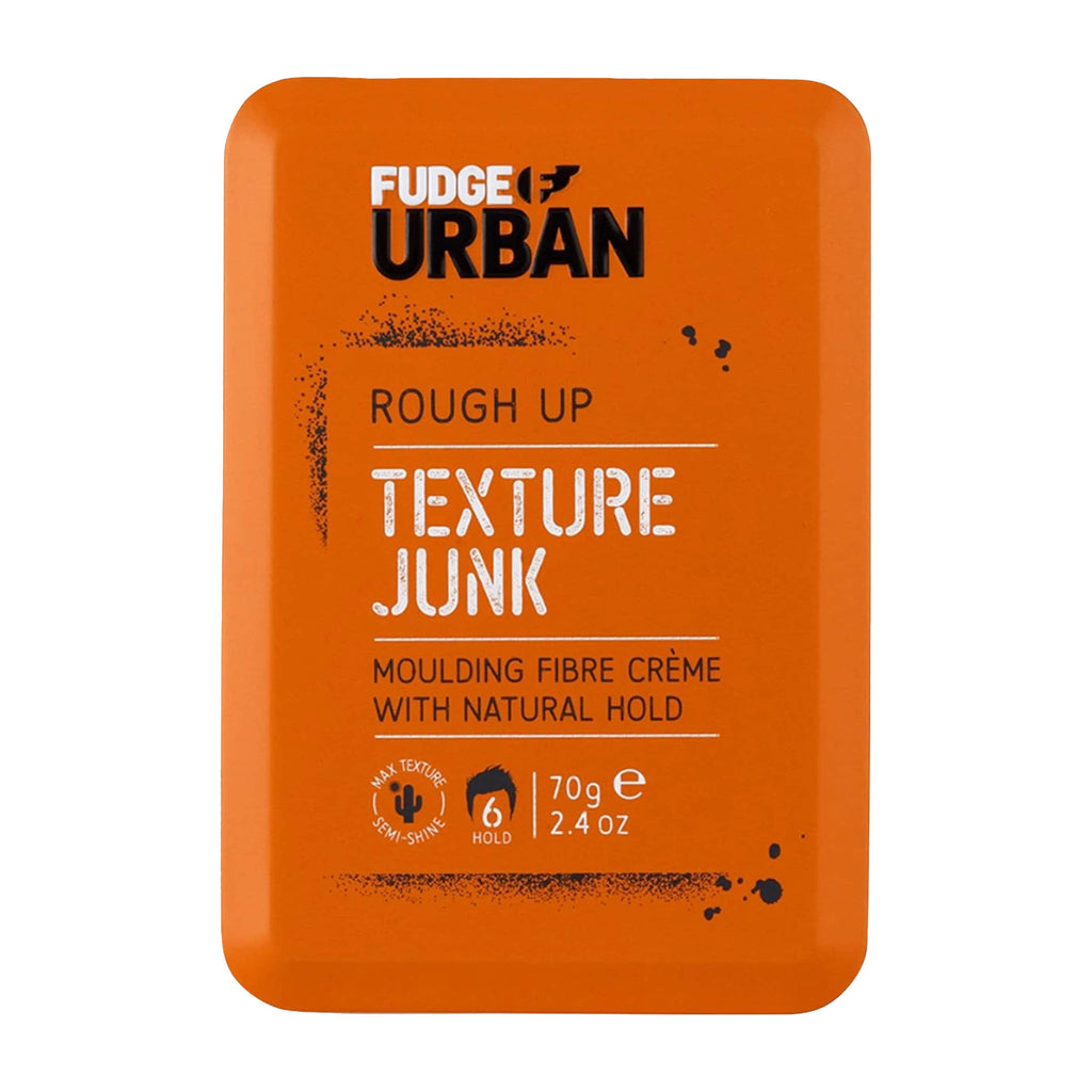 Orange packaging of Fudge Urban Rough Up Texture Junk hair product on a white background