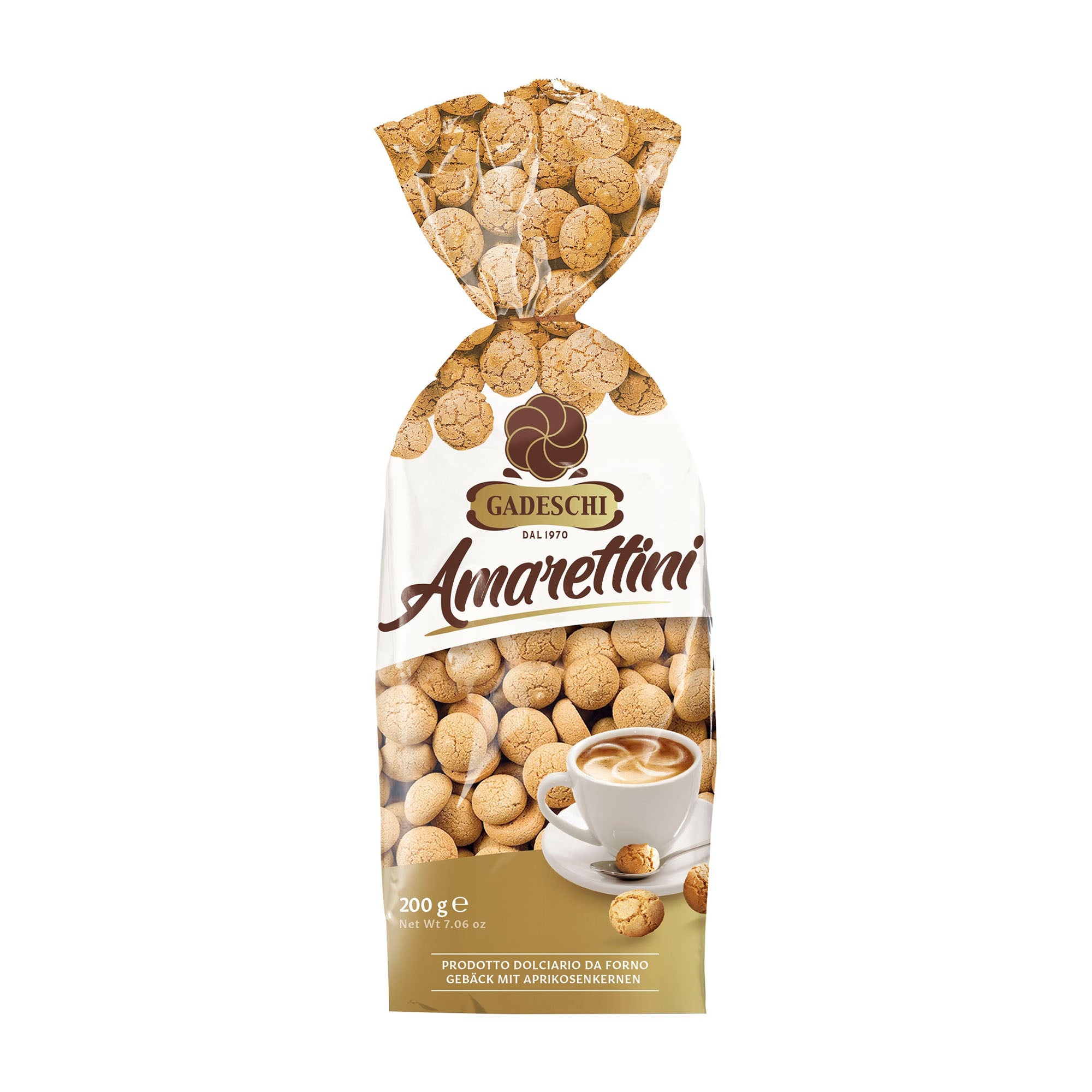Packaging of Gadeschi Amarettini cookies, showing the cookies and almonds with a cup of coffee on the front, against a white background.