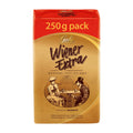 Packaging of Gala Wiener Extra ground coffee, featuring a red and gold color scheme with an illustration of a coffee shop scene.
