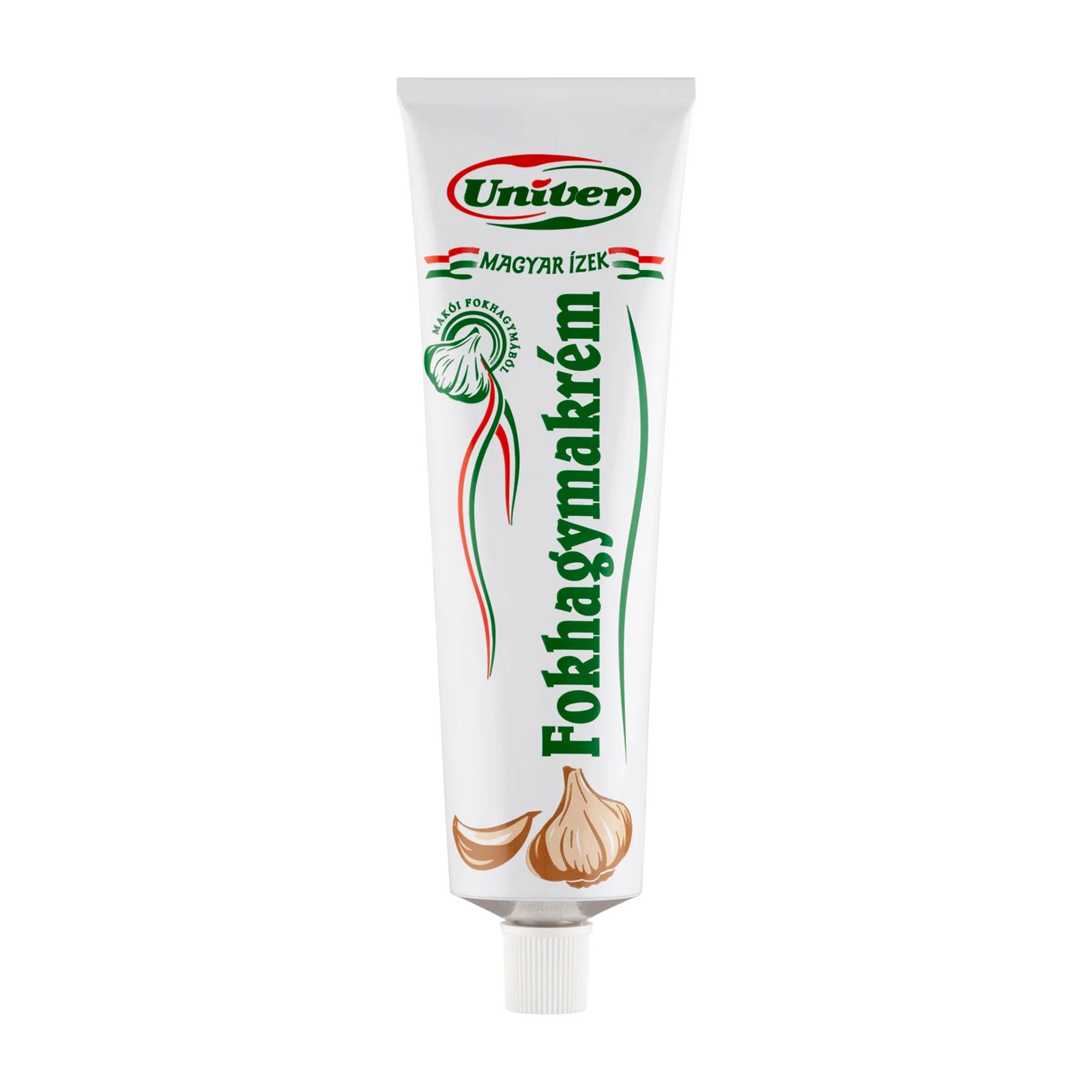 A tube of Univer brand garlic paste, with a green and white label featuring garlic images and the text 'Makó'.
