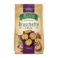 Packaging of Maretti Bruschette Slow Roasted Garlic Bread Chips, showing the product name, image of the chips, and garlic bulbs.