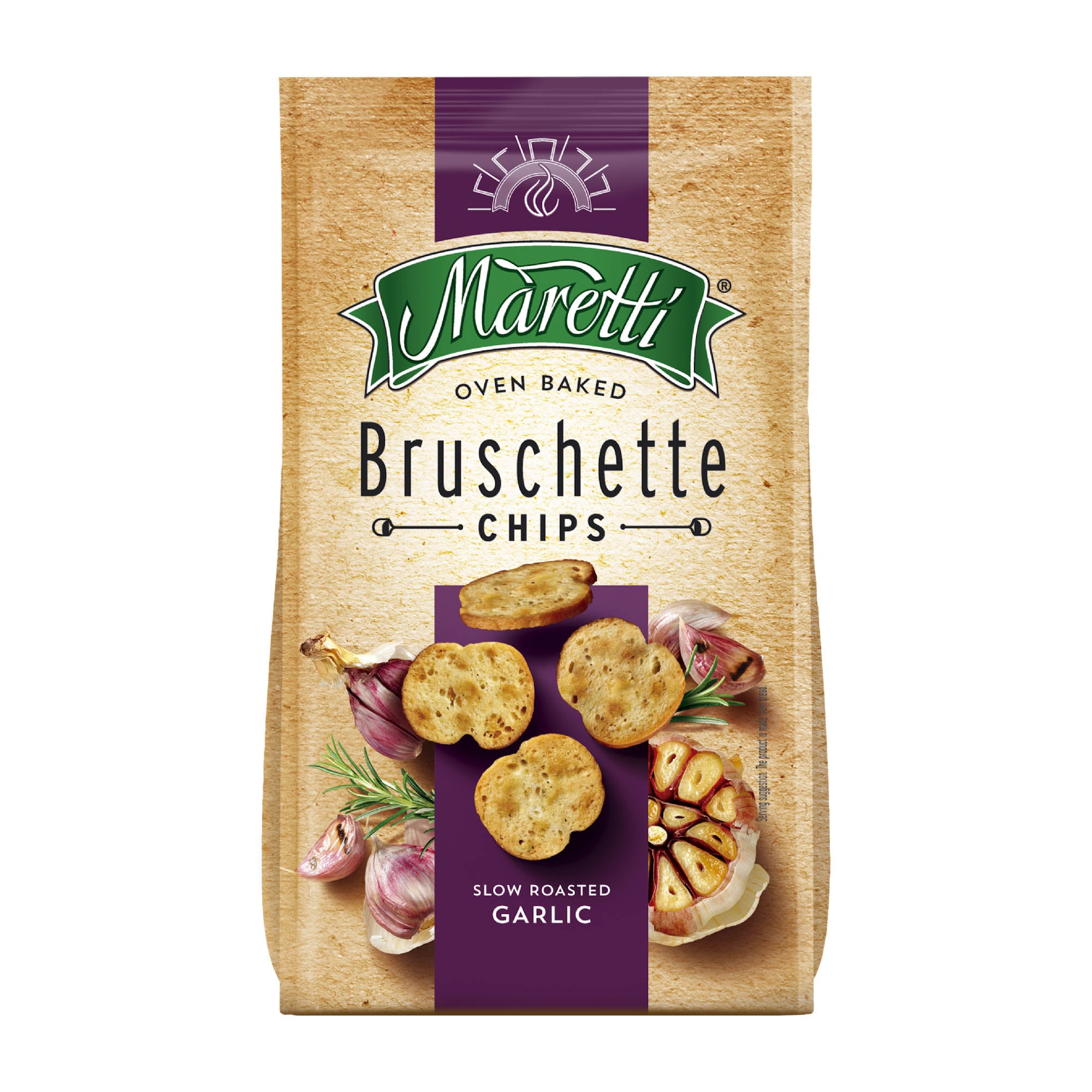 Packaging of Maretti Bruschette Slow Roasted Garlic Bread Chips, showing the product name, image of the chips, and garlic bulbs.