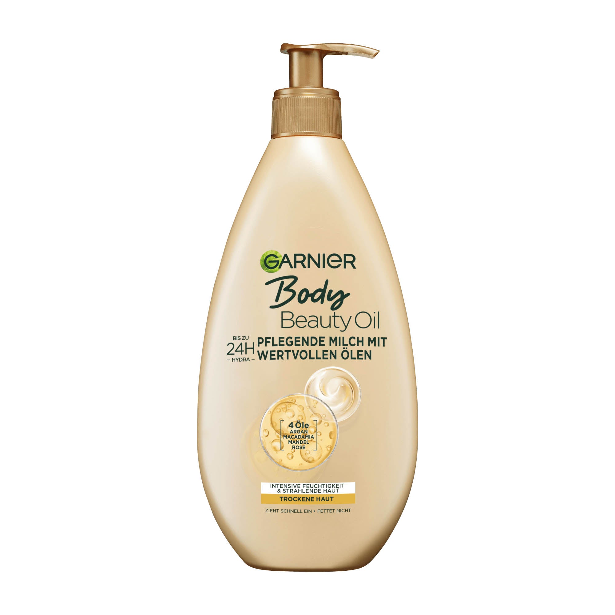 A pump bottle of Garnier Beauty Oil Nourishing Body Milk with a beige label and a golden pump dispenser.