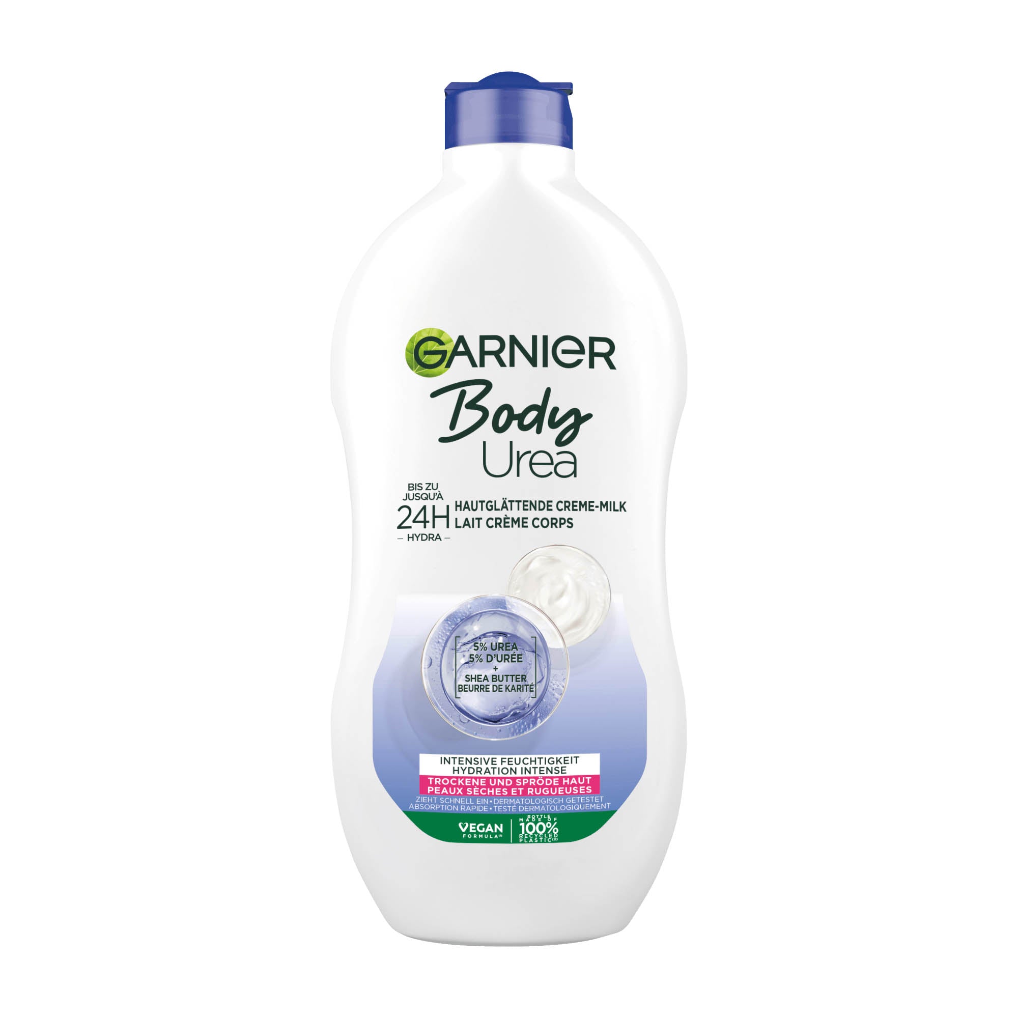 A bottle of Garnier Body Urea Intensive Hydration body cream-milk with a capacity of 400 mL. The label displays the product name and the fact that it is enriched with shea butter and urea.