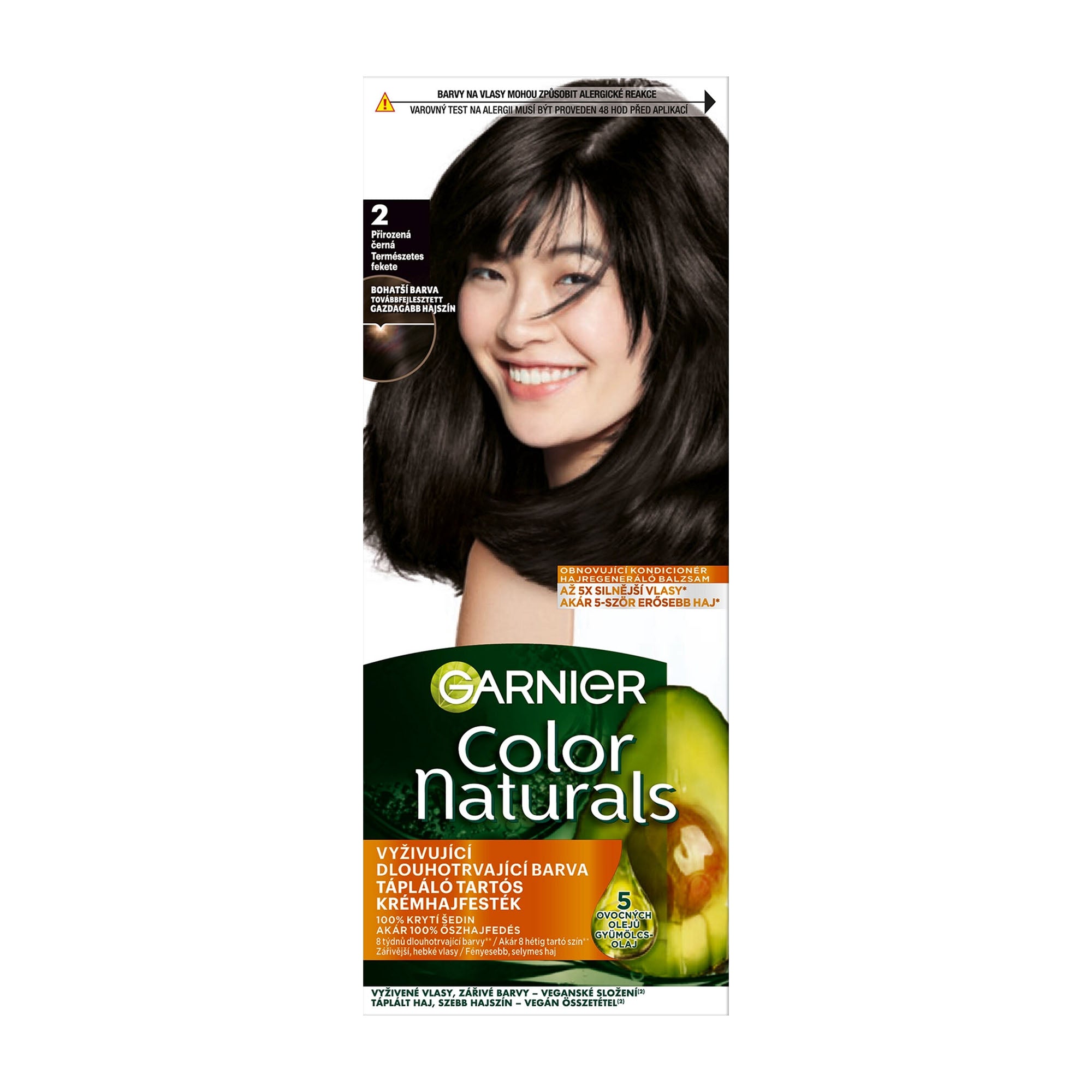 Garnier Color Naturals 2 Natural Black permanent hair color packaging with a woman's face on a white background