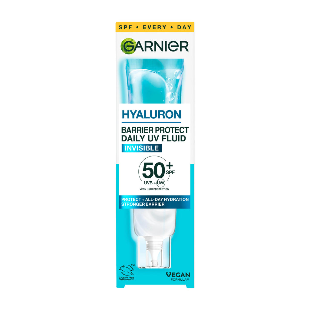 Garnier Hyaluron Barrier Protect Daily UV Fluid packaging on a white background