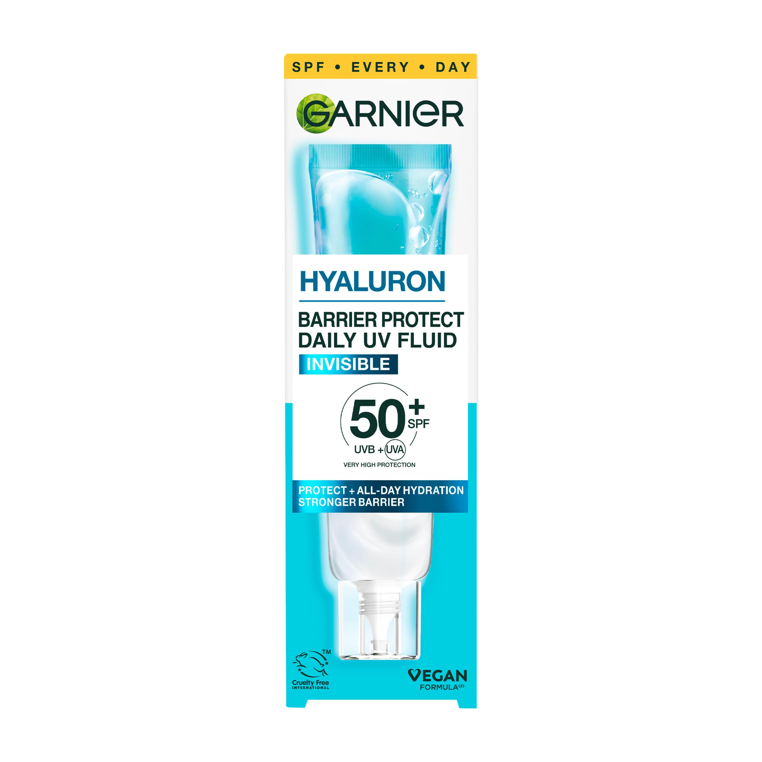 Garnier Hyaluron Barrier Protect Daily UV Fluid packaging on a white background