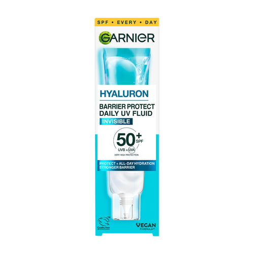 Garnier Hyaluron Barrier Protect Daily UV Fluid packaging on a white background