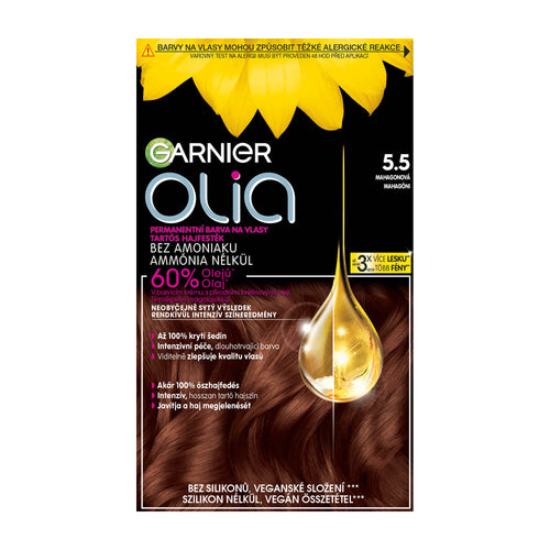 Garnier Olia 5.5 Mahogany permanent hair color packaging with brown hair strands and oil droplet on a white background