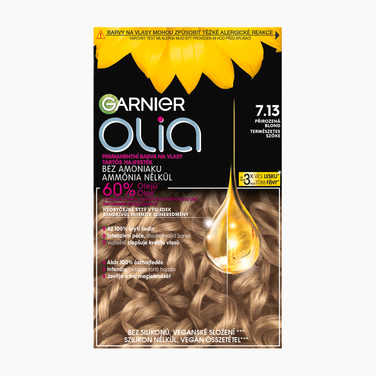 Garnier Olia hair dye box in shade 7.13 Natural Blonde, featuring a black and yellow design with a golden oil drop and blonde hair imagery.