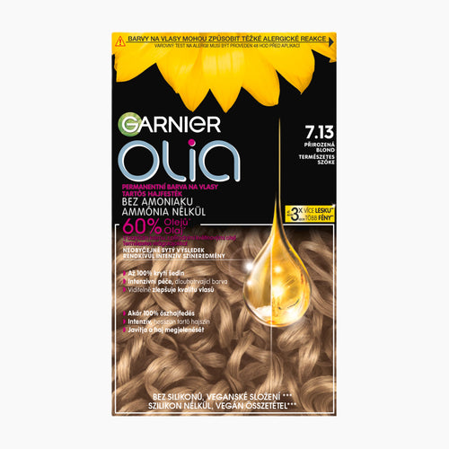 Garnier Olia hair dye box in shade 7.13 Natural Blonde, featuring a black and yellow design with a golden oil drop and blonde hair imagery.