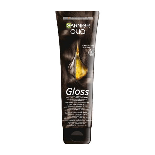 Tube of Garnier Olia Gloss Expensive Brunette Toning Hair Mask on a white background.
