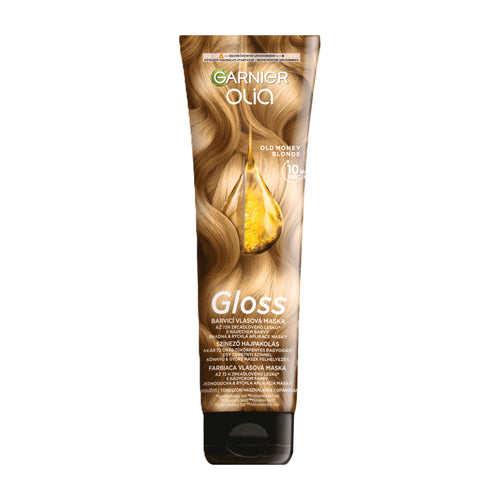 Tube of Garnier Olia Gloss Old Money Blonde Toning Hair Mask on a white background.