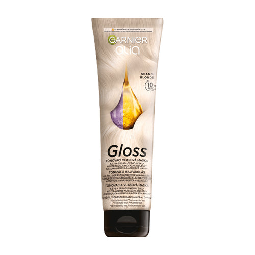 Tube of Garnier Olia Gloss Scandi Blonde Toning Hair Mask on a white background.