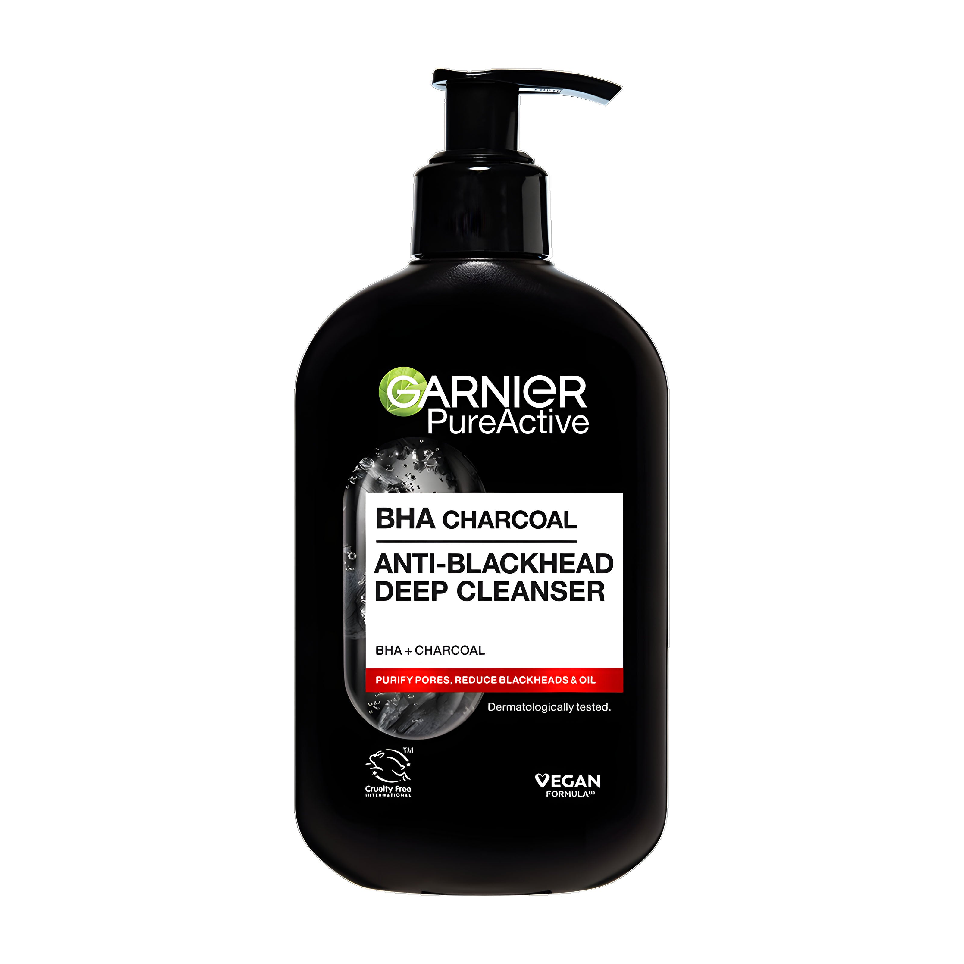 Garnier PureActive BHA Charcoal Anti-Blackhead Deep Cleanser bottle on a white background