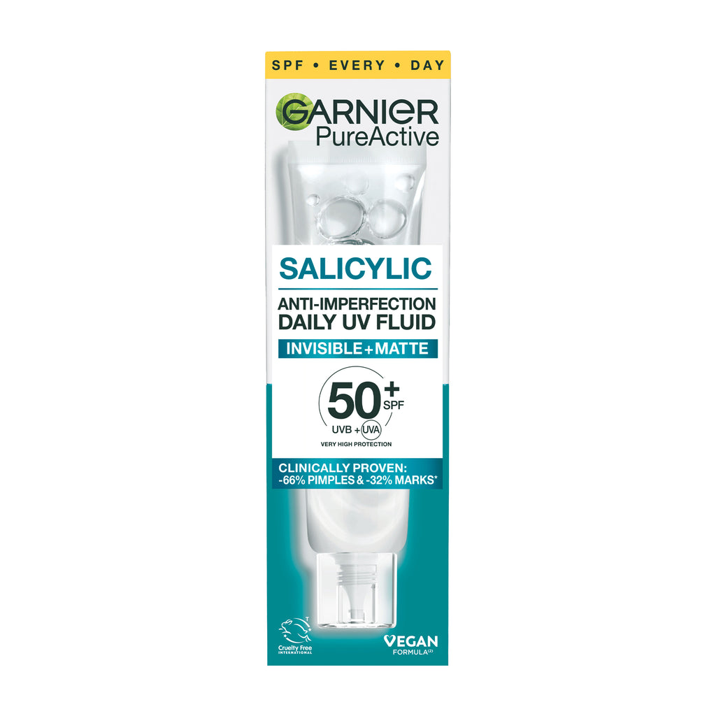 Garnier PureActive Salicylic Anti-Imperfection Daily UV Fluid packaging on a white background