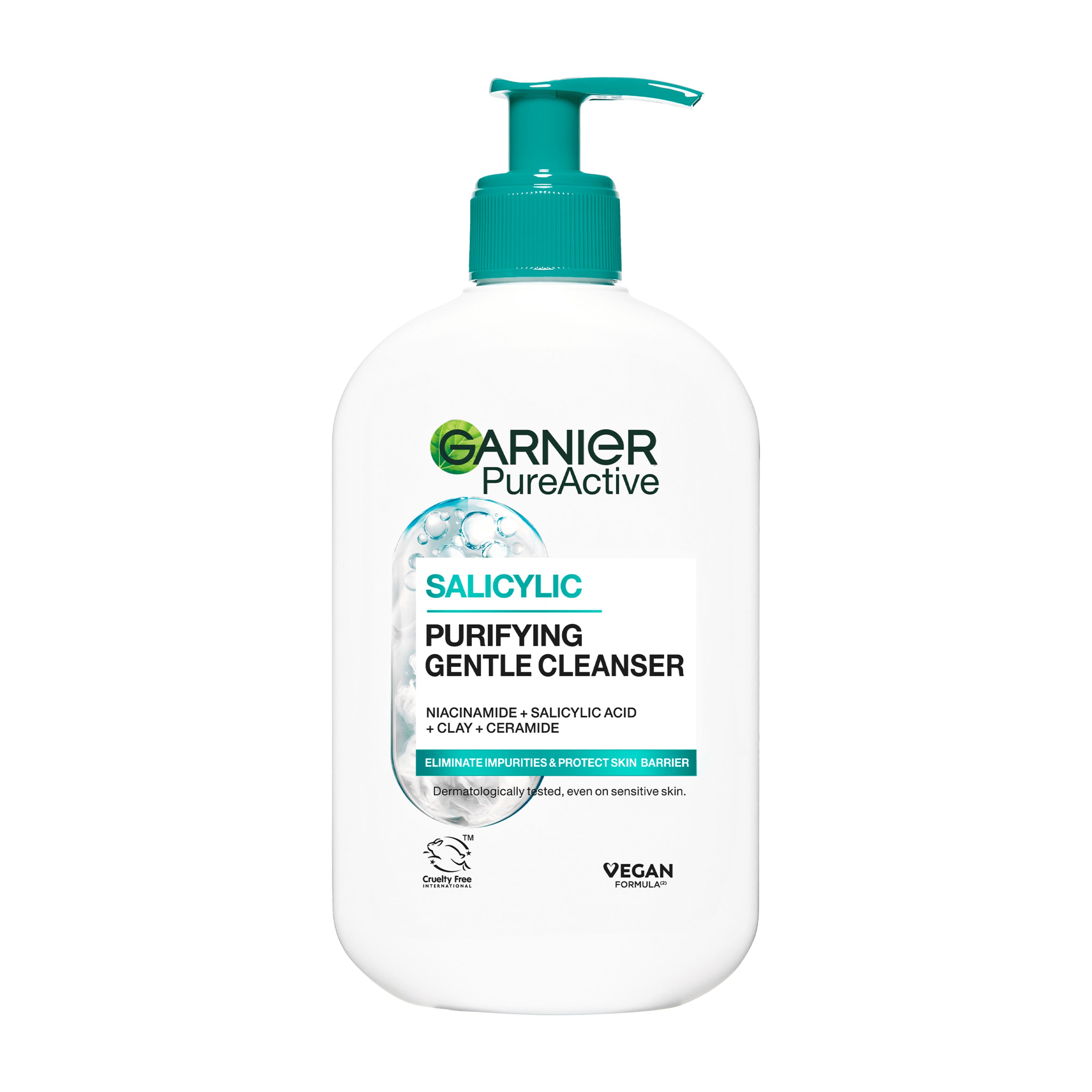Garnier PureActive Salicylic Purifying Gentle Cleanser pump bottle on a white background
