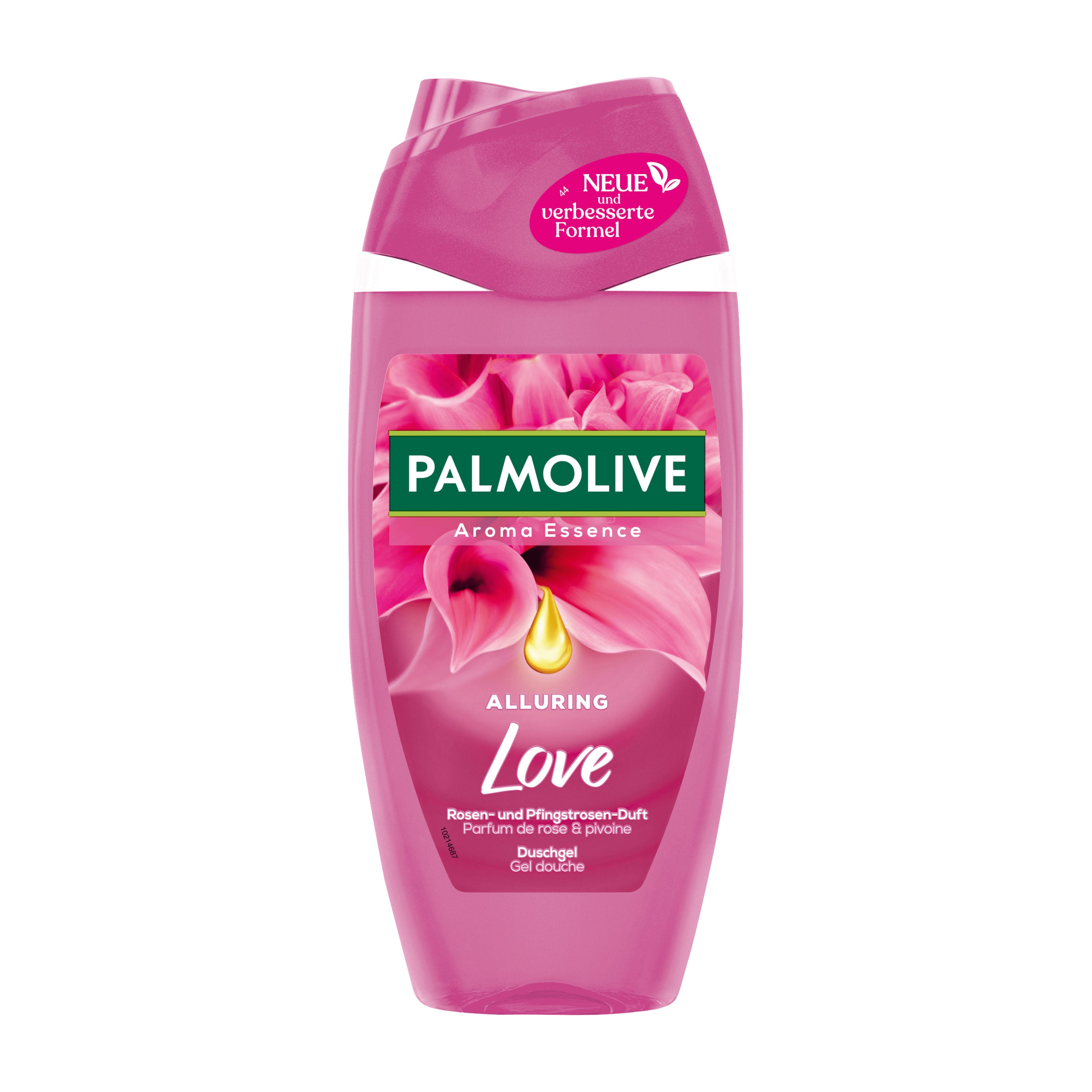 Palmolive Aroma Essence Alluring Love shower gel with pink packaging on a white background