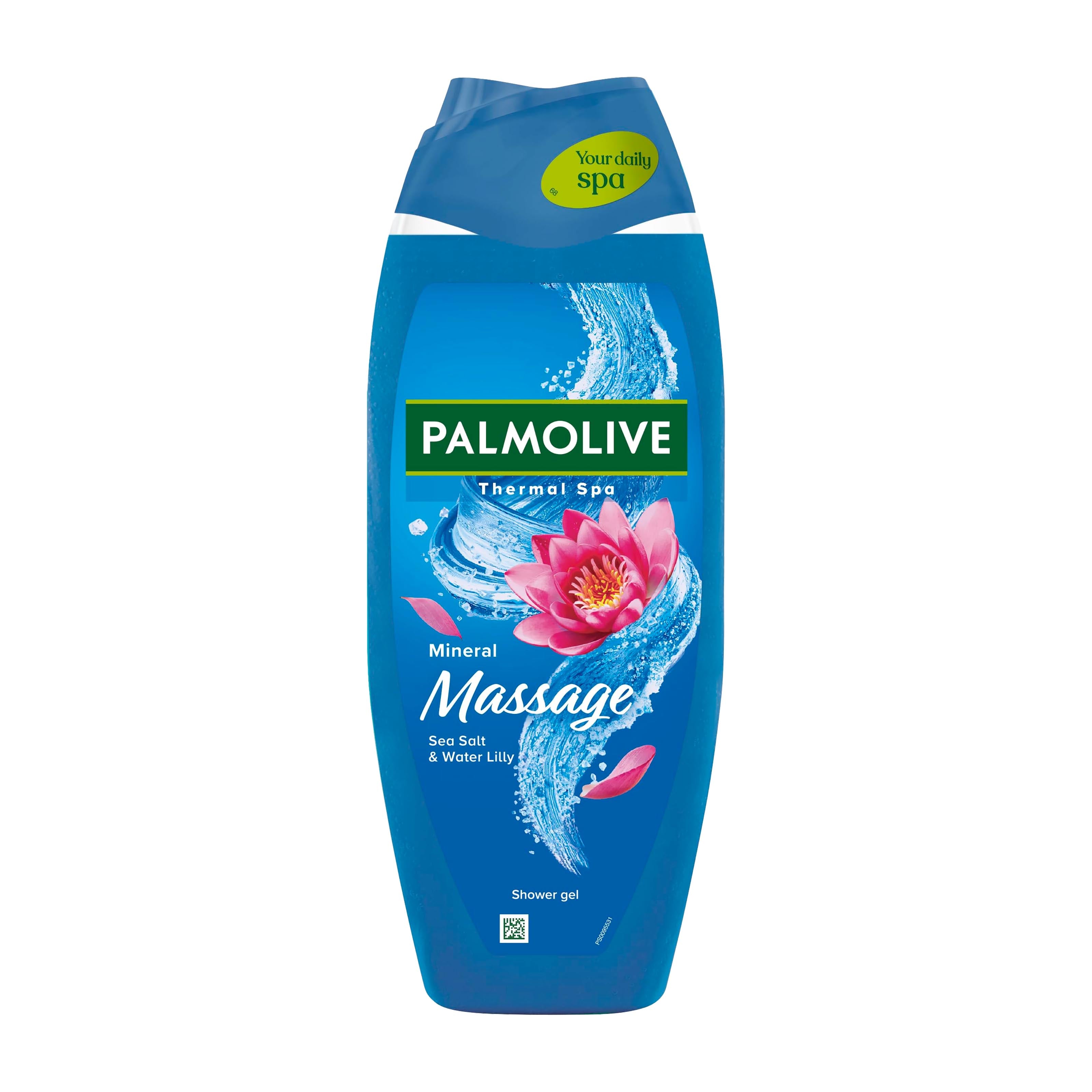 Palmolive Thermal Spa Mineral Massage shower gel bottle with a floral design on a white background