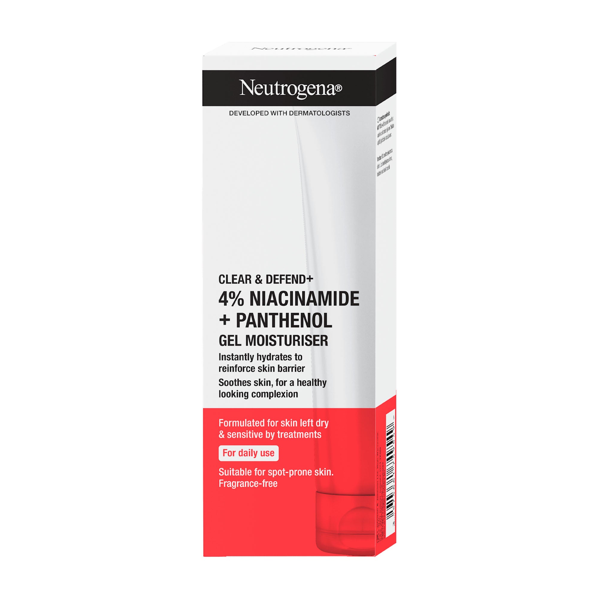 Neutrogena Clear & Defend+ 4% Niacinamide + Panthenol Gel Moisturizer in a white tube with red and black text, highlighting its benefits and that it is fragrance-free.