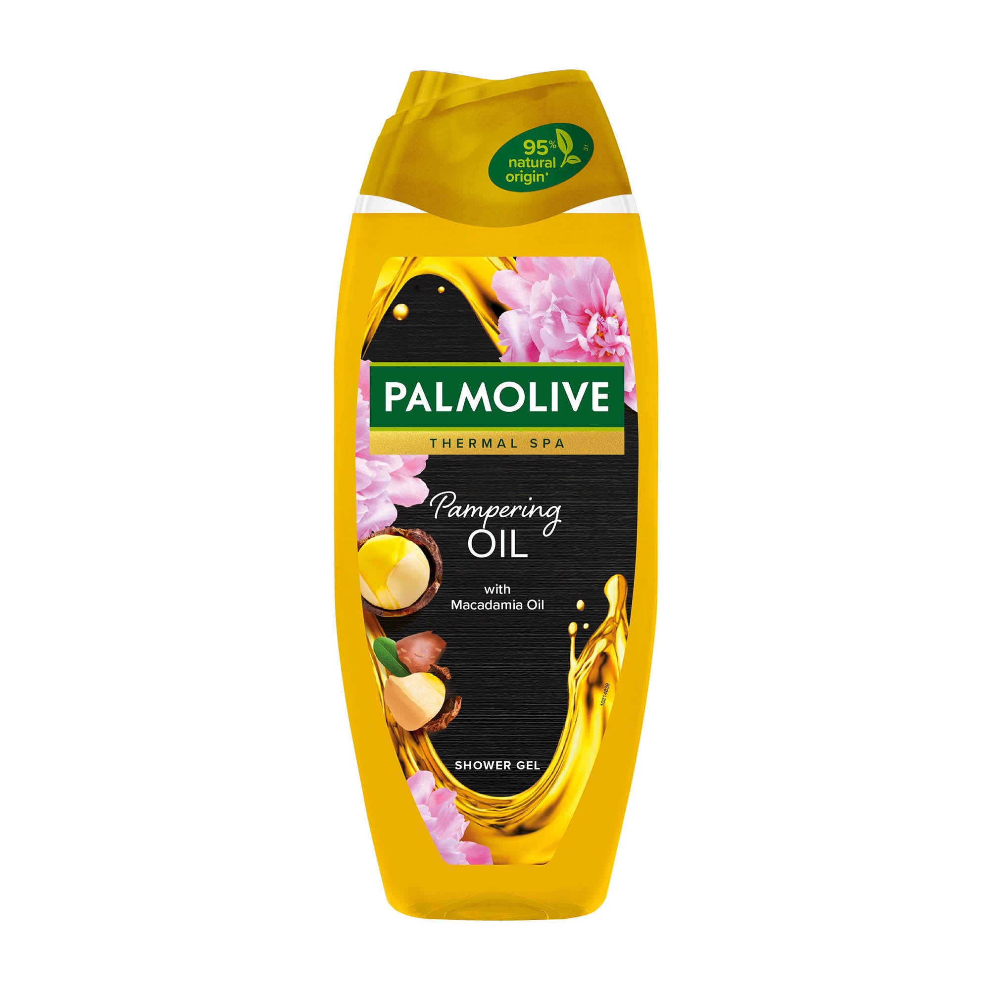 Palmolive Thermal Spa Pampering Oil shower gel packaging, featuring a yellow bottle with an image of the product and flowers, indicating the creamy texture and natural ingredients.
