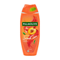 Palmolive Revitalising Scrub shower gel bottle with mirabelle plum and green tea design on a white background