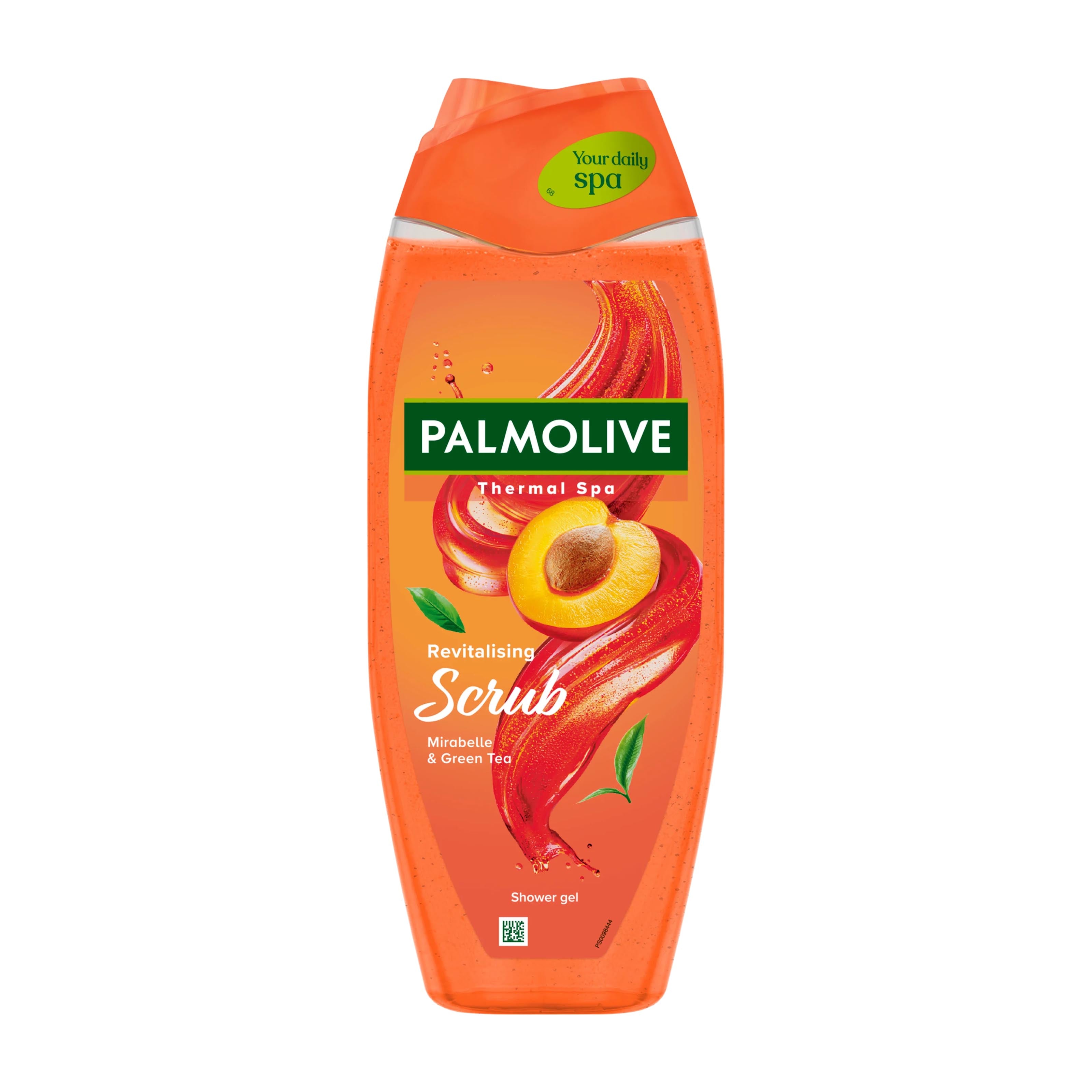 Palmolive Revitalising Scrub shower gel bottle with mirabelle plum and green tea design on a white background