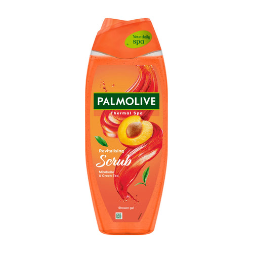 Palmolive Revitalising Scrub shower gel bottle with mirabelle plum and green tea design on a white background
