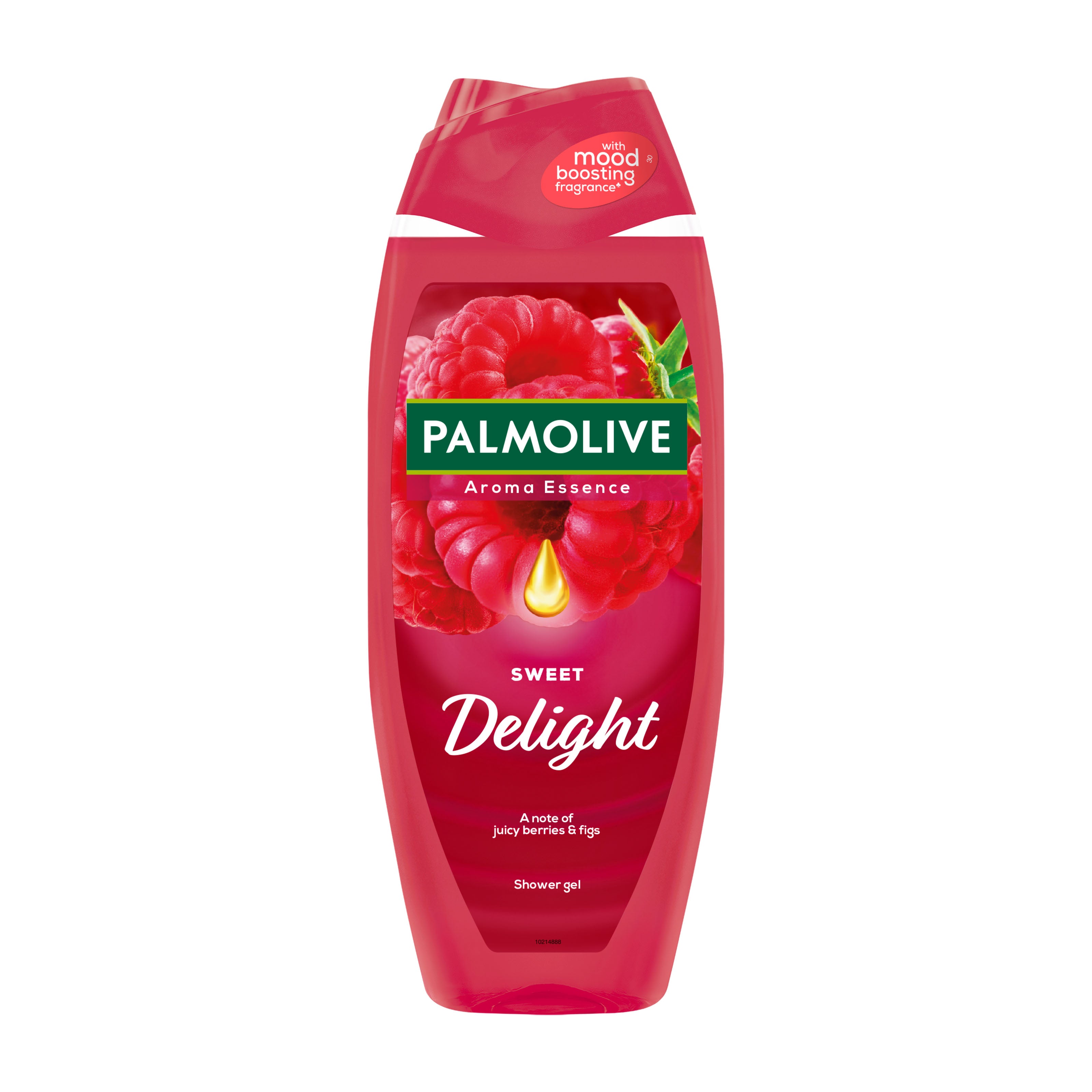 Palmolive Sweet Delight shower gel bottle with raspberry design on a white background