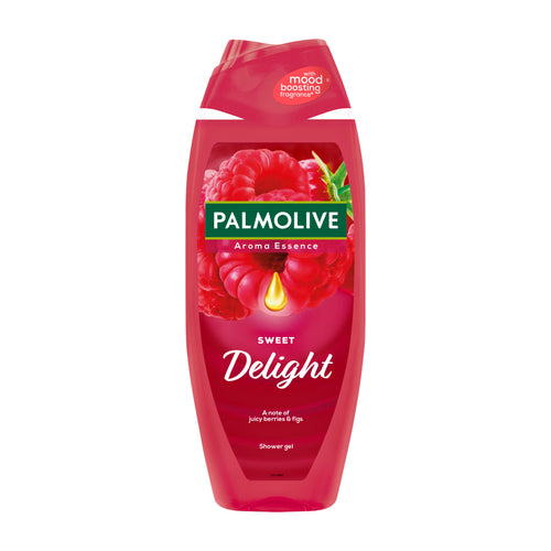 Palmolive Sweet Delight shower gel bottle with raspberry design on a white background