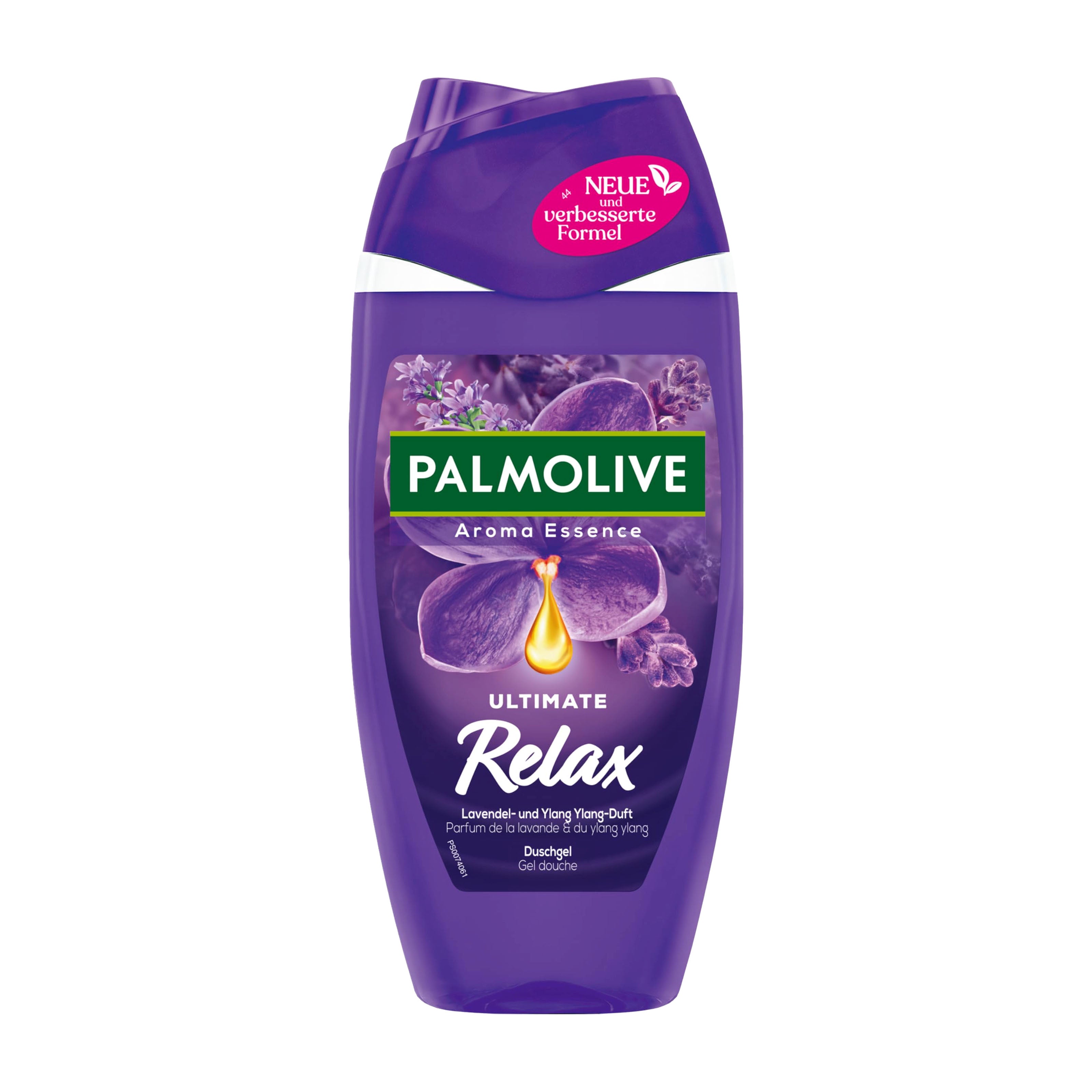 Palmolive Aroma Essence Ultimate Relax shower gel bottle on a white background