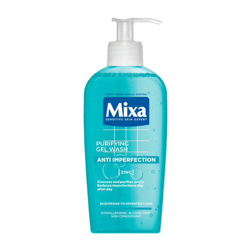 Mixa Anti Imperfection purifying gel wash bottle on a white background