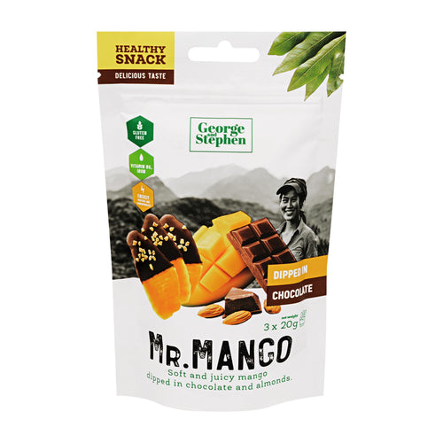 Packaging of George Stephen Mr. Mango mango dipped in chocolate on a white background