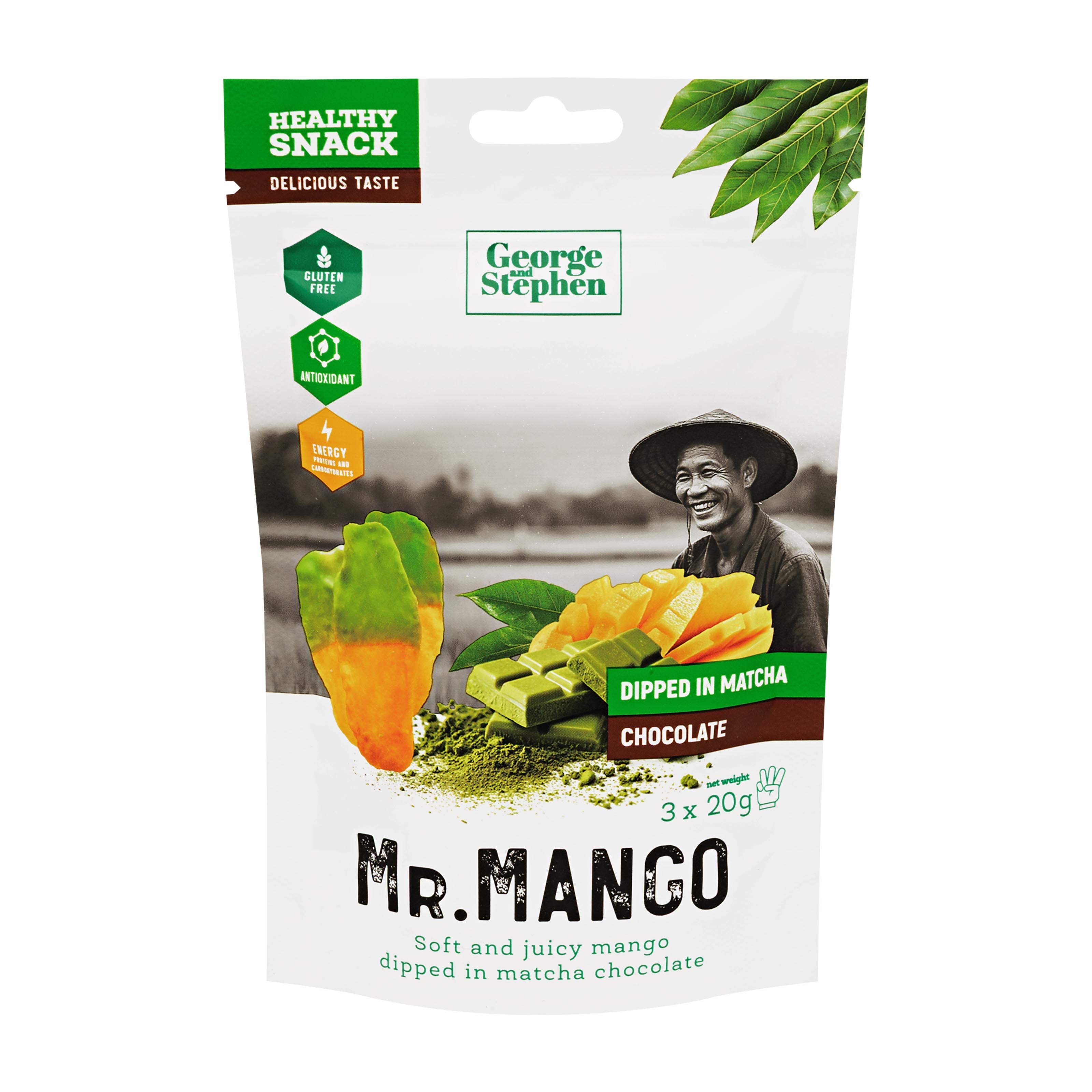 Packaging of George Stephen Mr. Mango snack with matcha chocolate on a white background