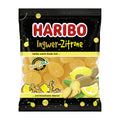 Haribo ginger lemon candy package with ginger and lemon graphics on a black background