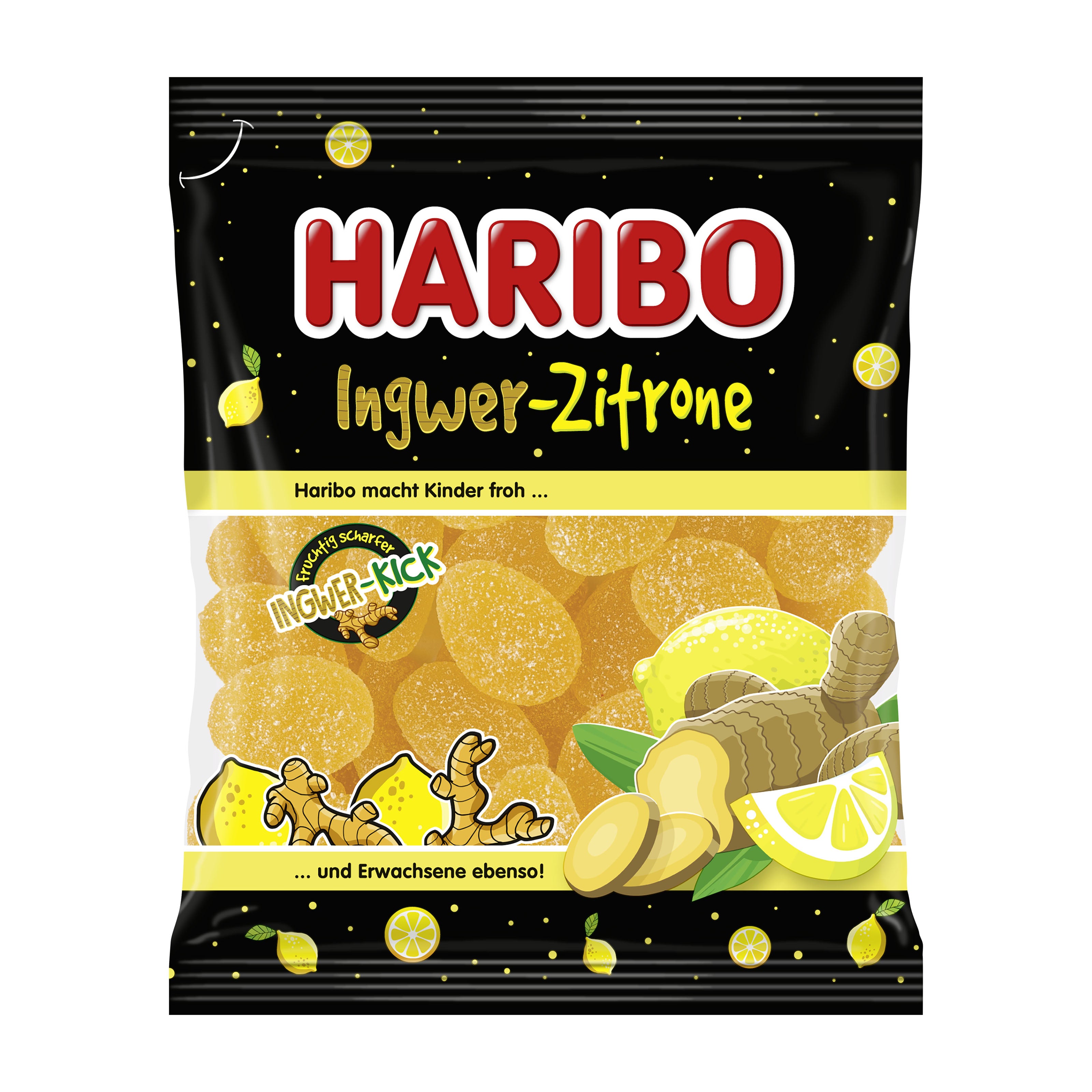 Haribo ginger lemon candy package with ginger and lemon graphics on a black background