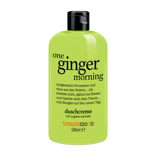 Green bottle of 'one ginger morning' shower cream with Treaclemoon branding on a white background