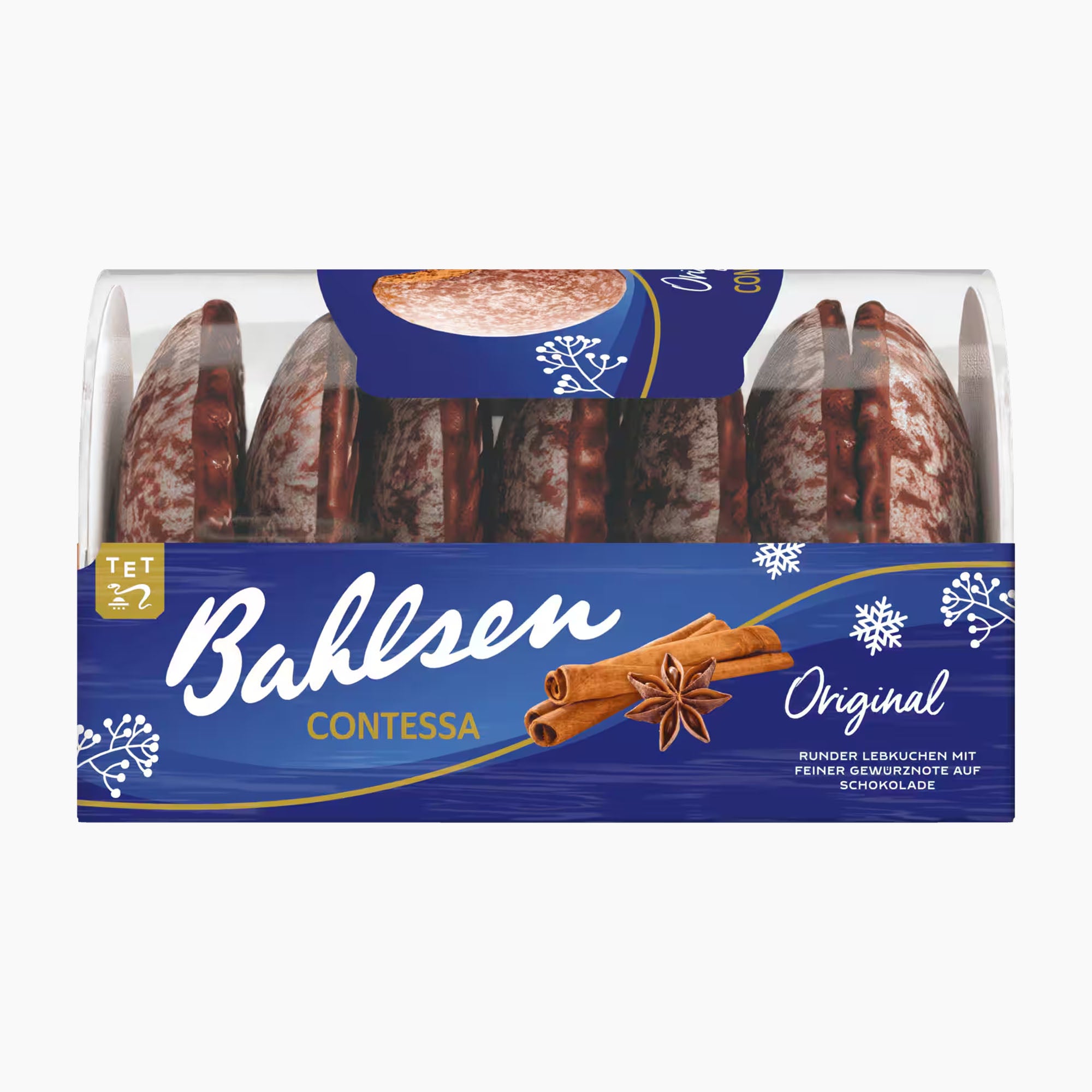 A package of Bahlsen Contessa Original gingerbread in a clear plastic box with a blue branded label and illustrations of cinnamon sticks and star anise.