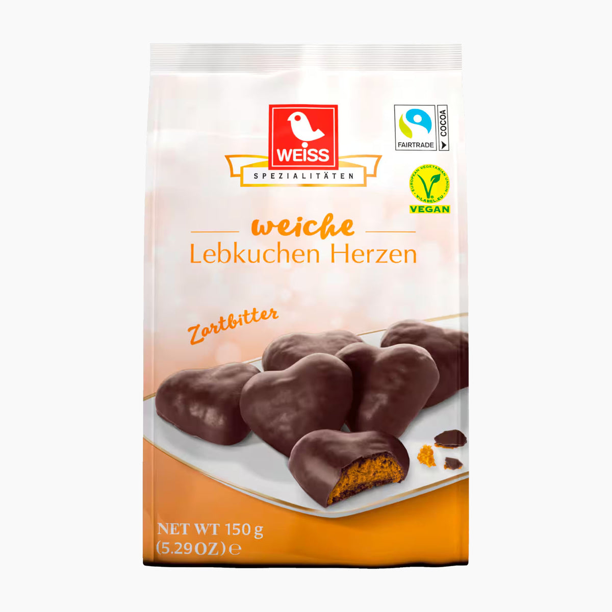 A 150g bag of Weiss Weiche Lebkuchen Herzen Soft Gingerbread Hearts Dark Chocolate on a clean white background. The packaging features the red and white Weiss logo, a Fairtrade certification mark, a Vegan badge, and a photo of chocolate-coated heart-shaped cookies on a white plate.