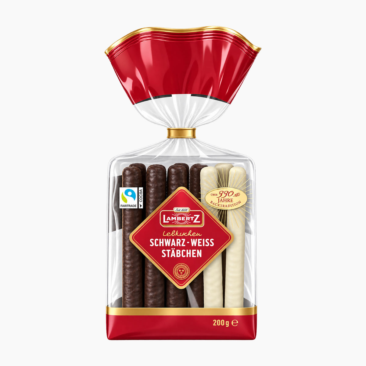 A 200g package of Lambertz Black & White gingerbread sticks cookies in a clear plastic bag with a red and gold wrapper, shown on a light gray background.