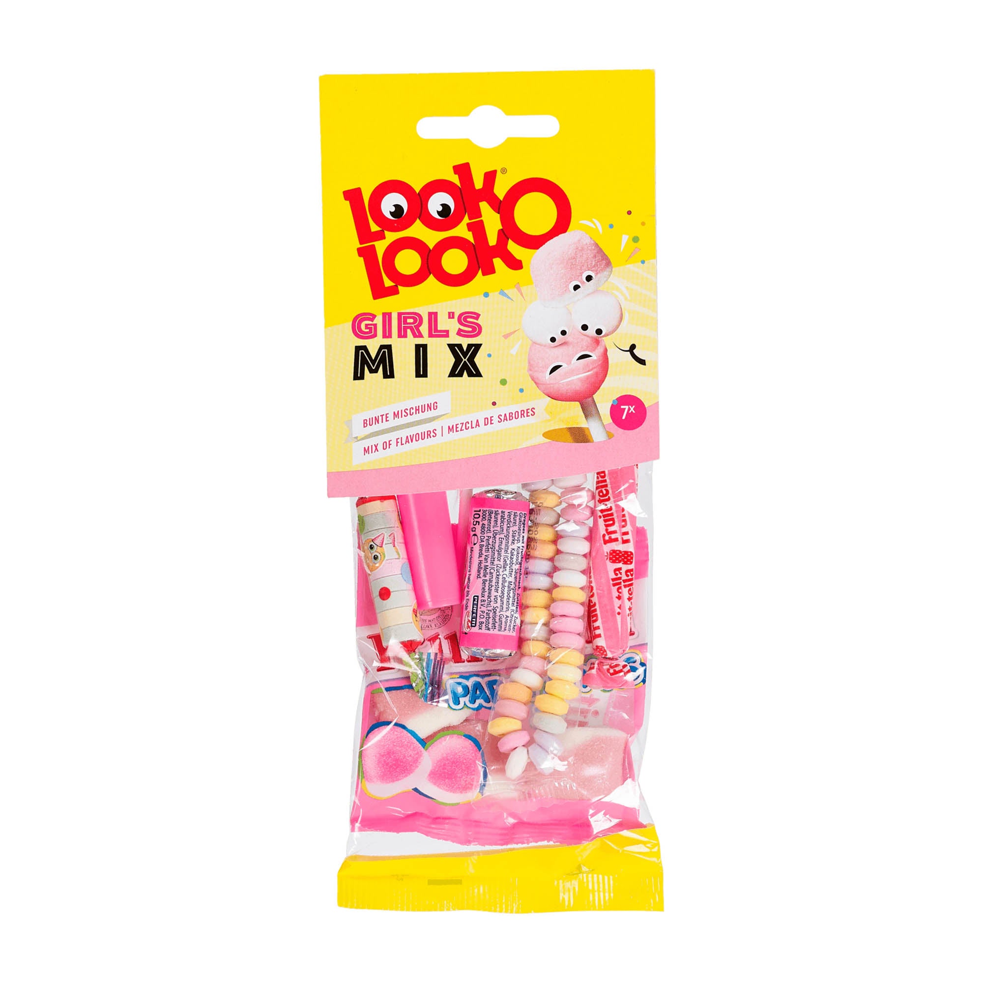 Packaging of Look-O-Look Girl's Mix Candy Assortment featuring various candies in pink and yellow colors with cartoon characters.