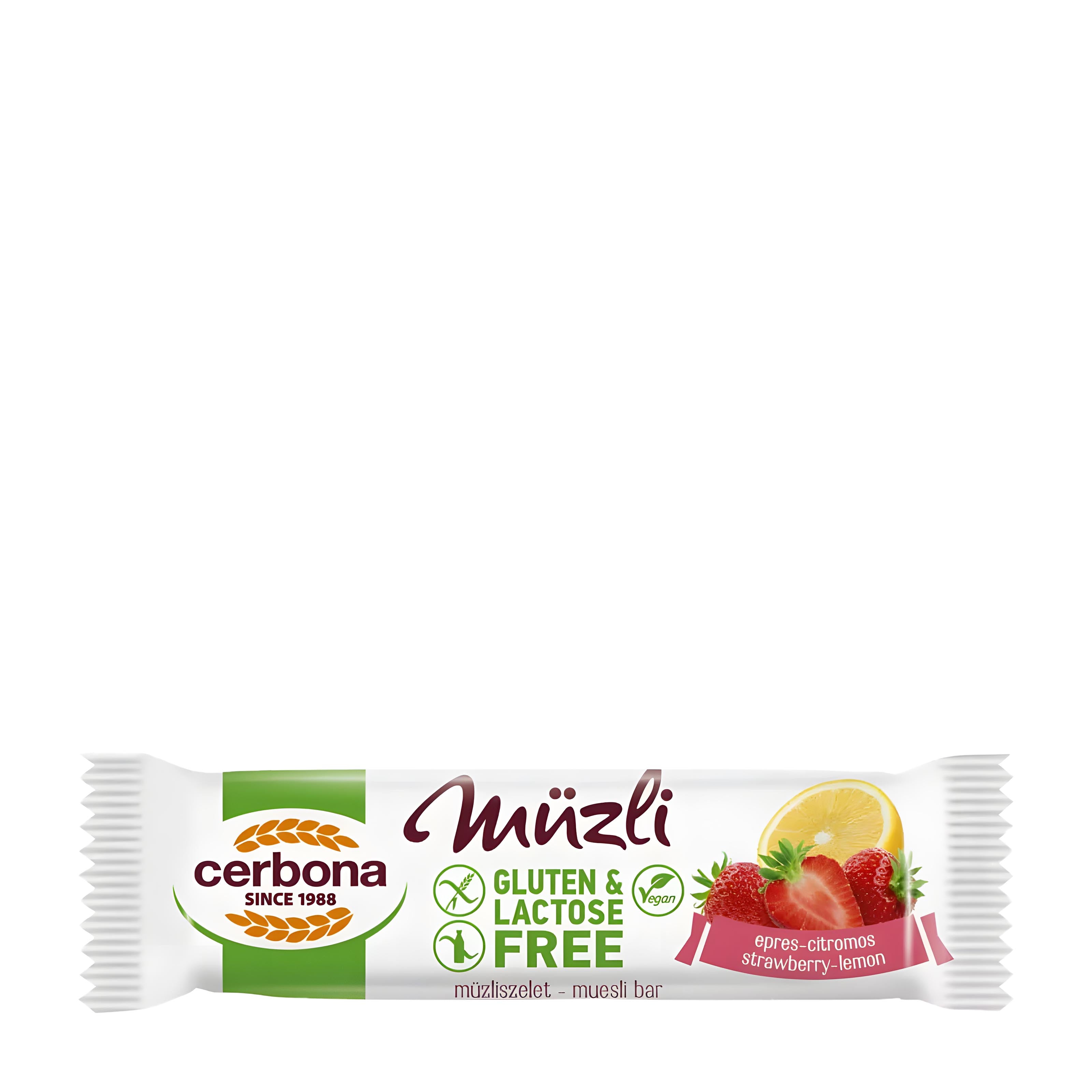 Cerbona Strawberry-Lemon Gluten & Lactose Free Muesli Bar packaging on a white background.